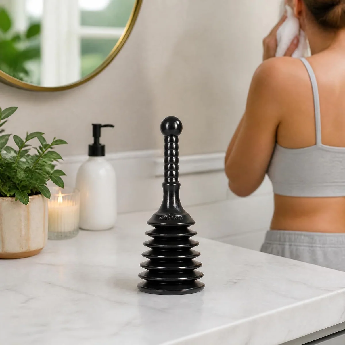 A black Master Plunger Shorty on a bathroom vanity